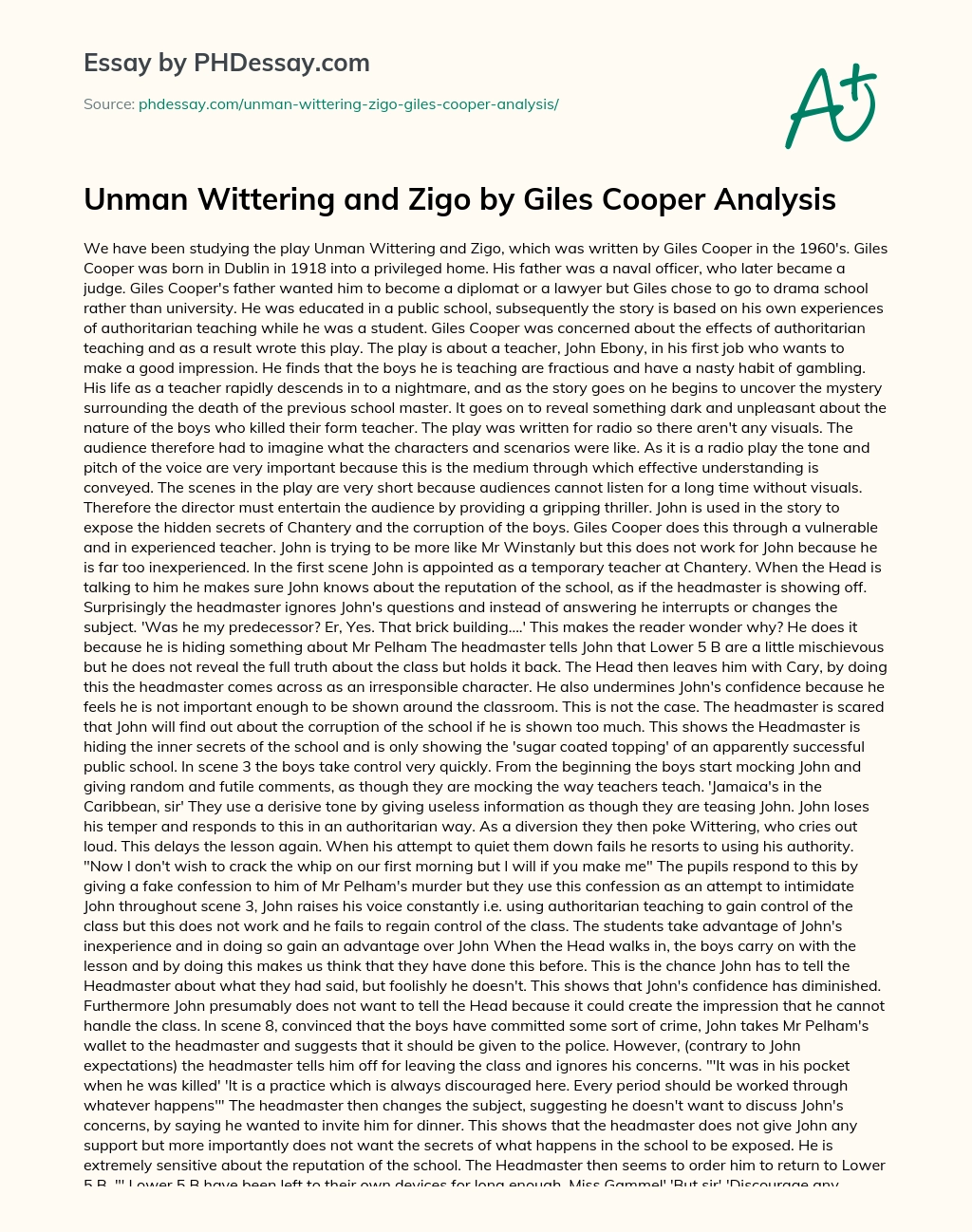Unman Wittering and Zigo by Giles Cooper Analysis essay