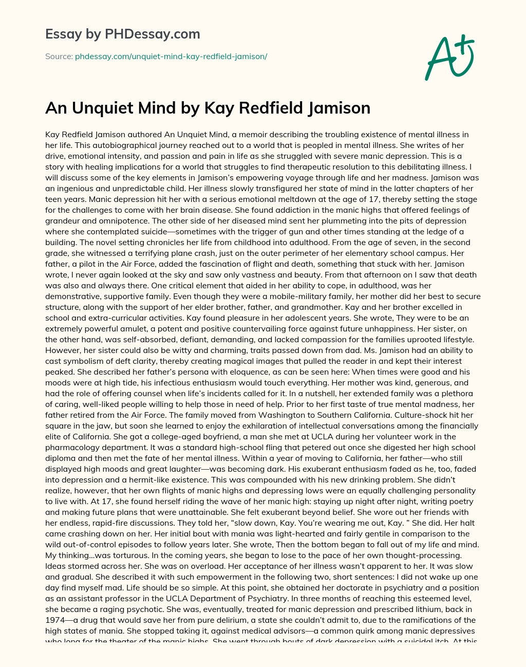 An Unquiet Mind by Kay Redfield Jamison essay