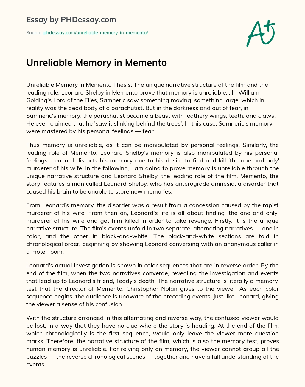 Unreliable Memory in Memento essay