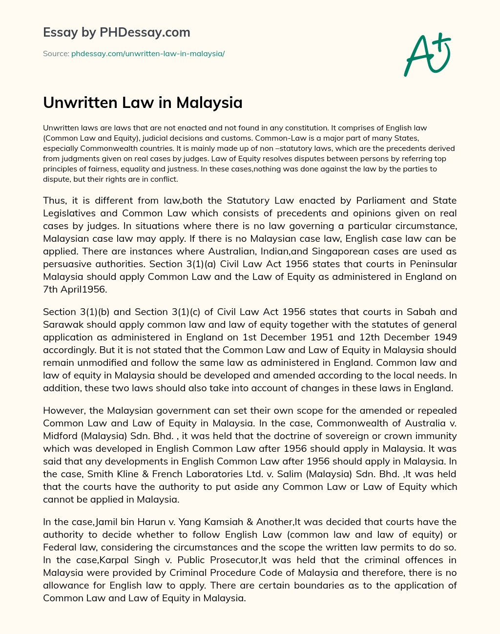 Unwritten Law in Malaysia essay