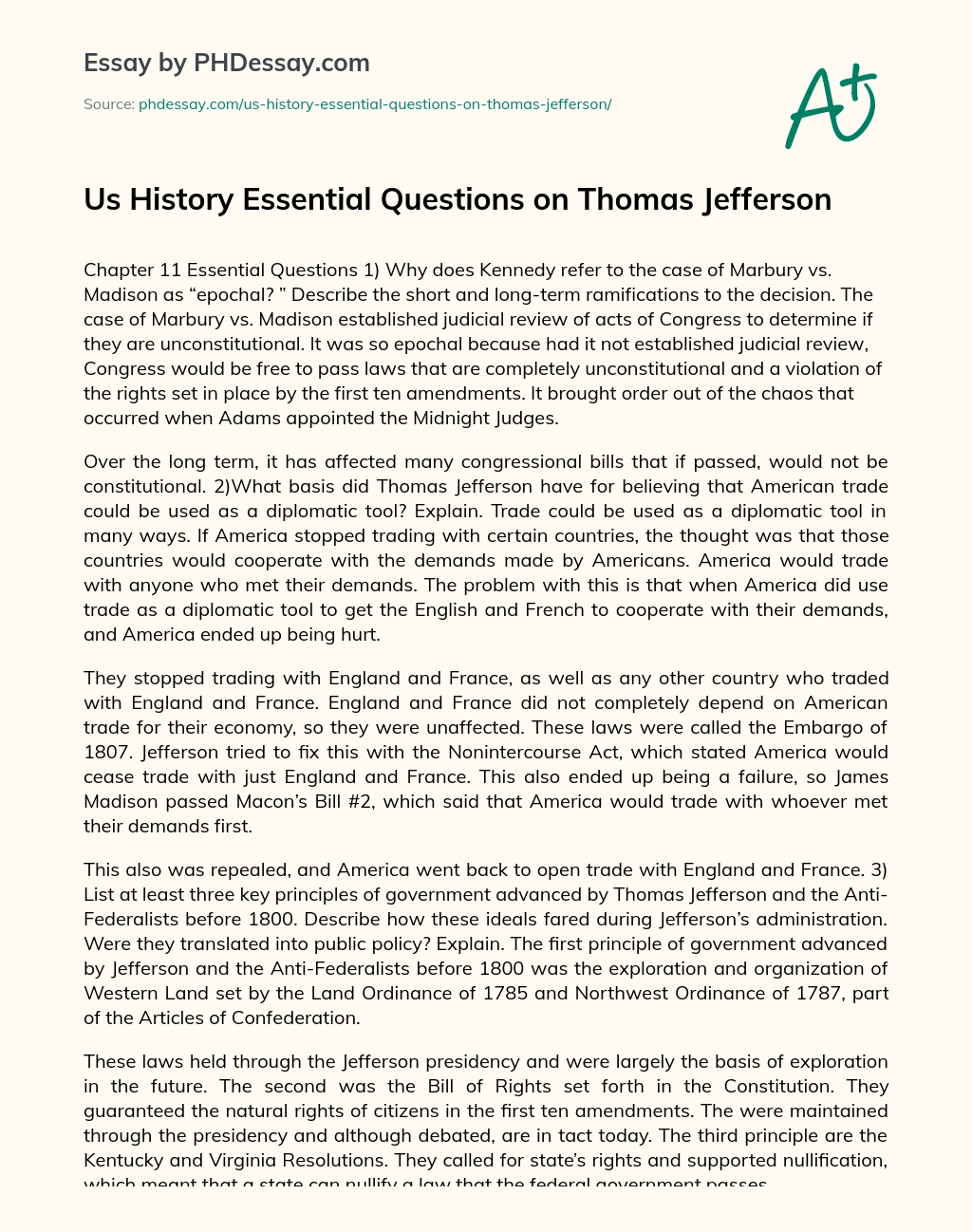 Us History Essential Questions on Thomas Jefferson essay