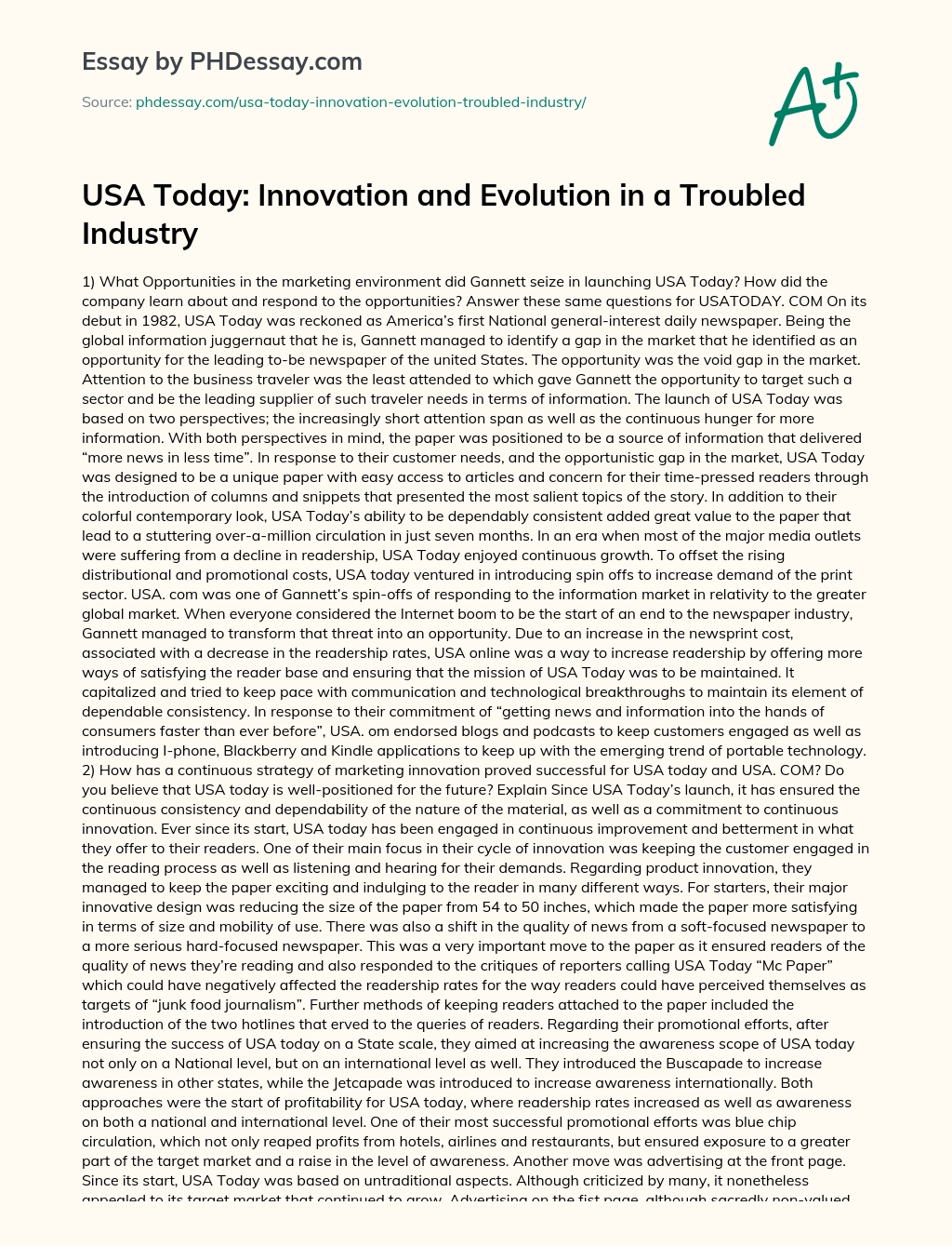 USA Today: Innovation and Evolution in a Troubled Industry essay