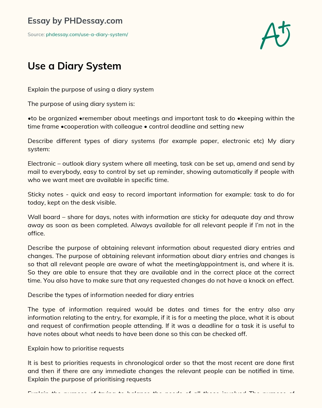 Use a Diary System essay
