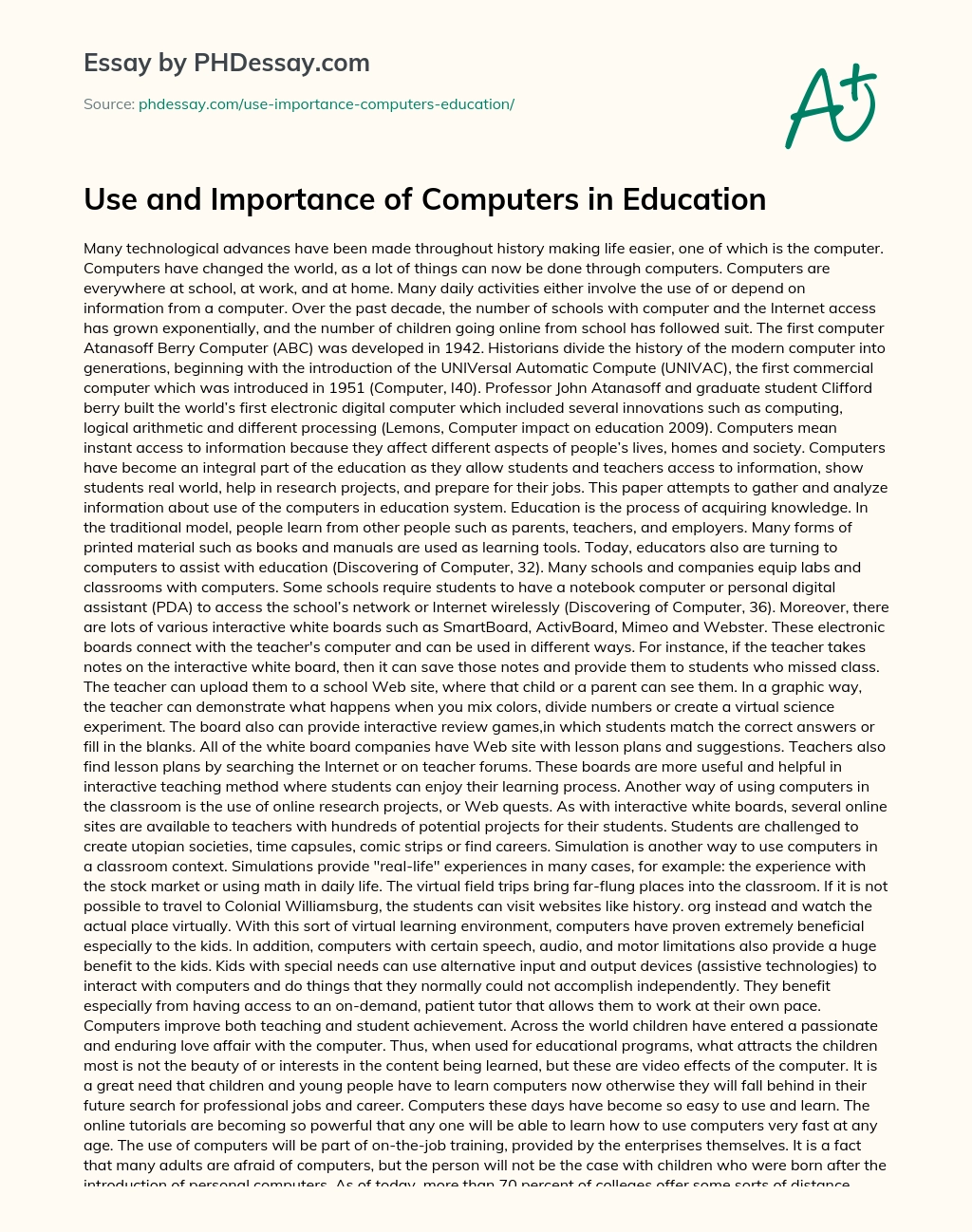 Use and Importance of Computers in Education essay