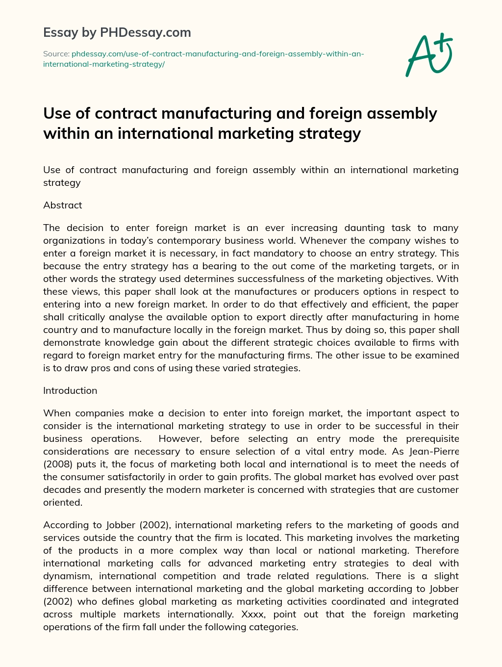 Contract Manufacturing and Foreign Assembly Within an International Marketing Strategy essay