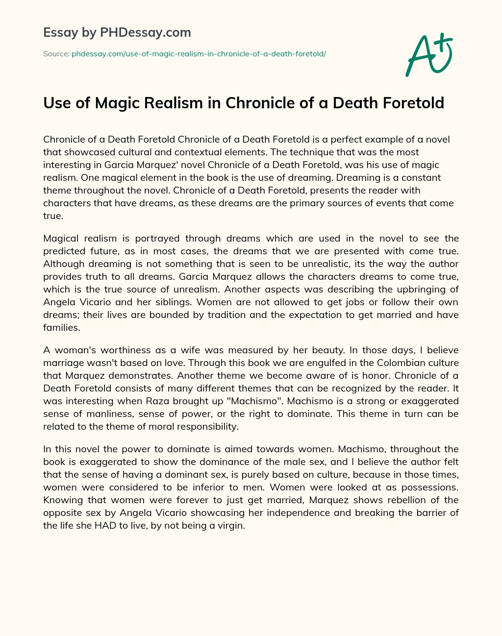 Use of Magic Realism in Chronicle of a Death Foretold essay