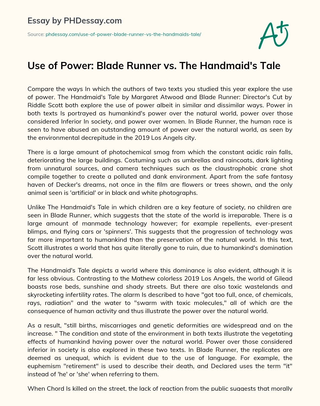 Use of Power: Blade Runner vs. The Handmaid’s Tale essay