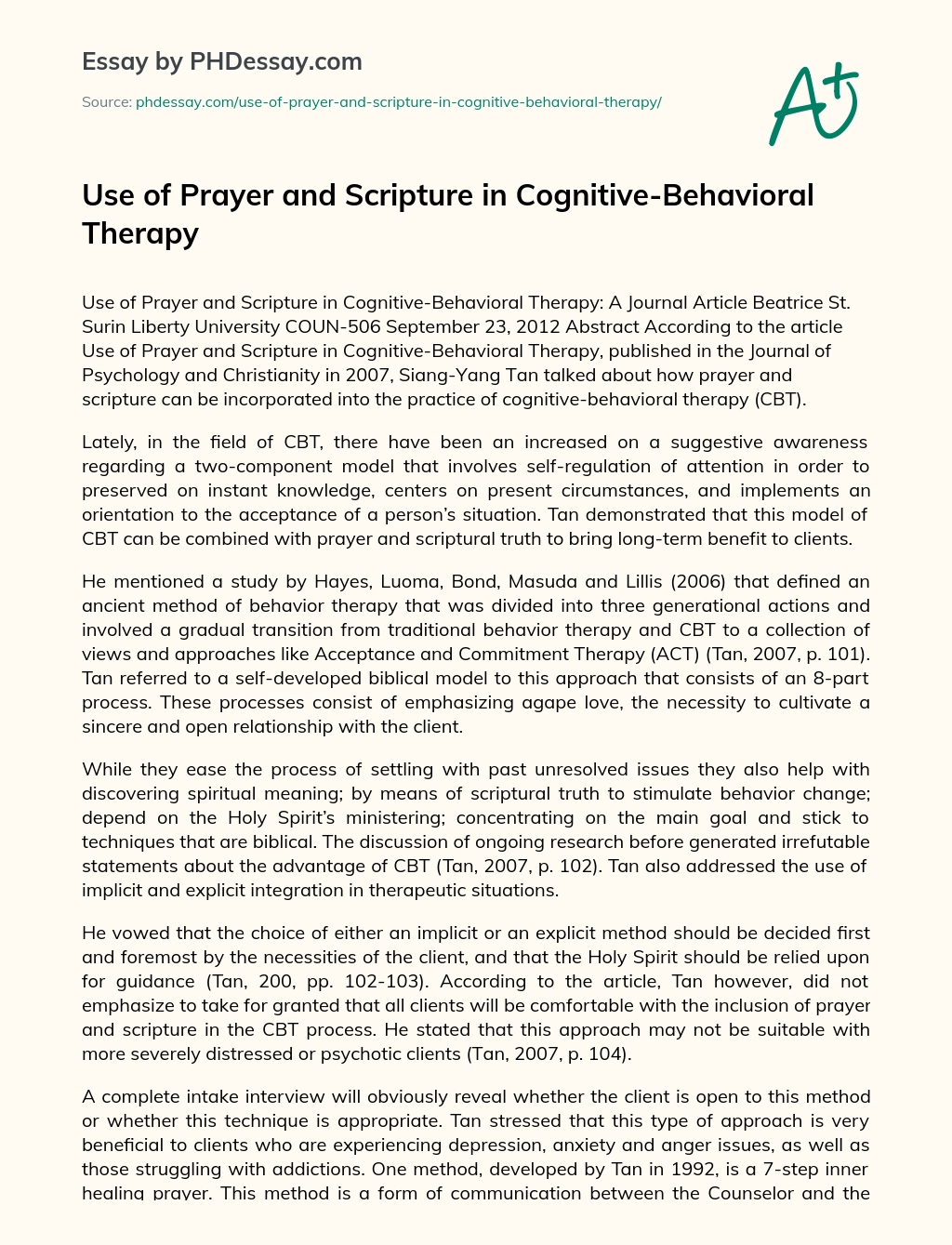 Use of Prayer and Scripture in Cognitive-Behavioral Therapy essay