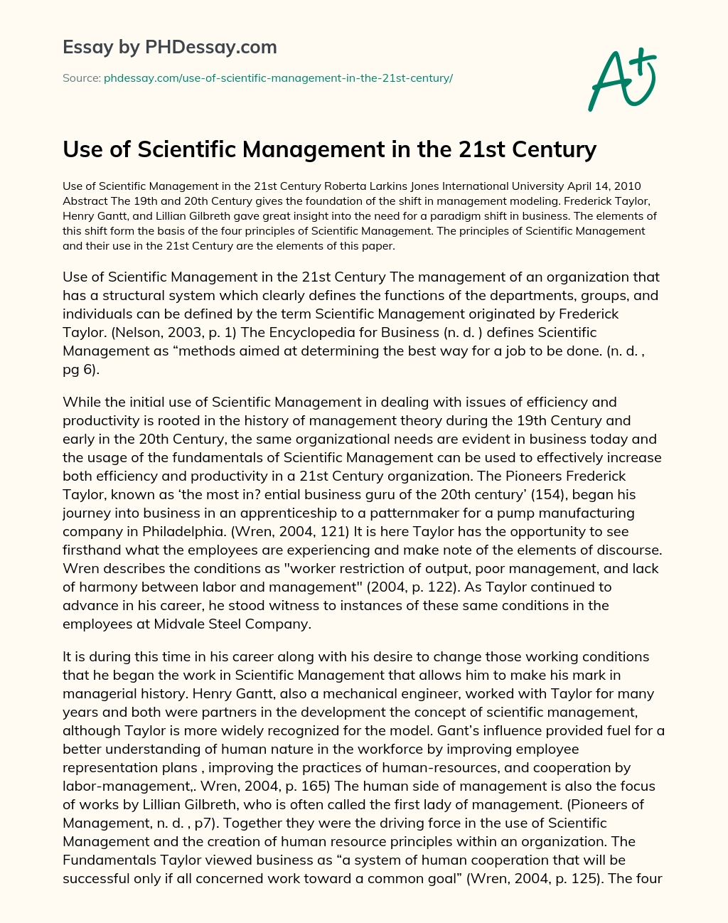 Use of Scientific Management in the 21st Century essay