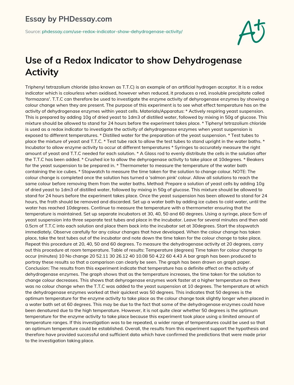 Use of a Redox Indicator to show Dehydrogenase Activity essay