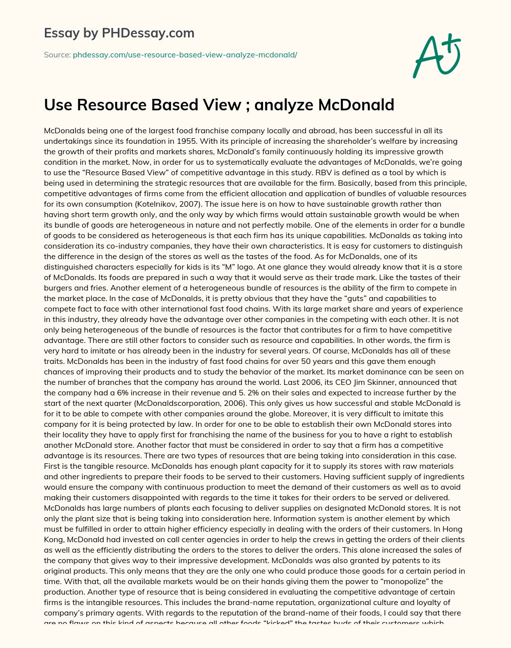 Use Resource Based View ; analyze McDonald essay
