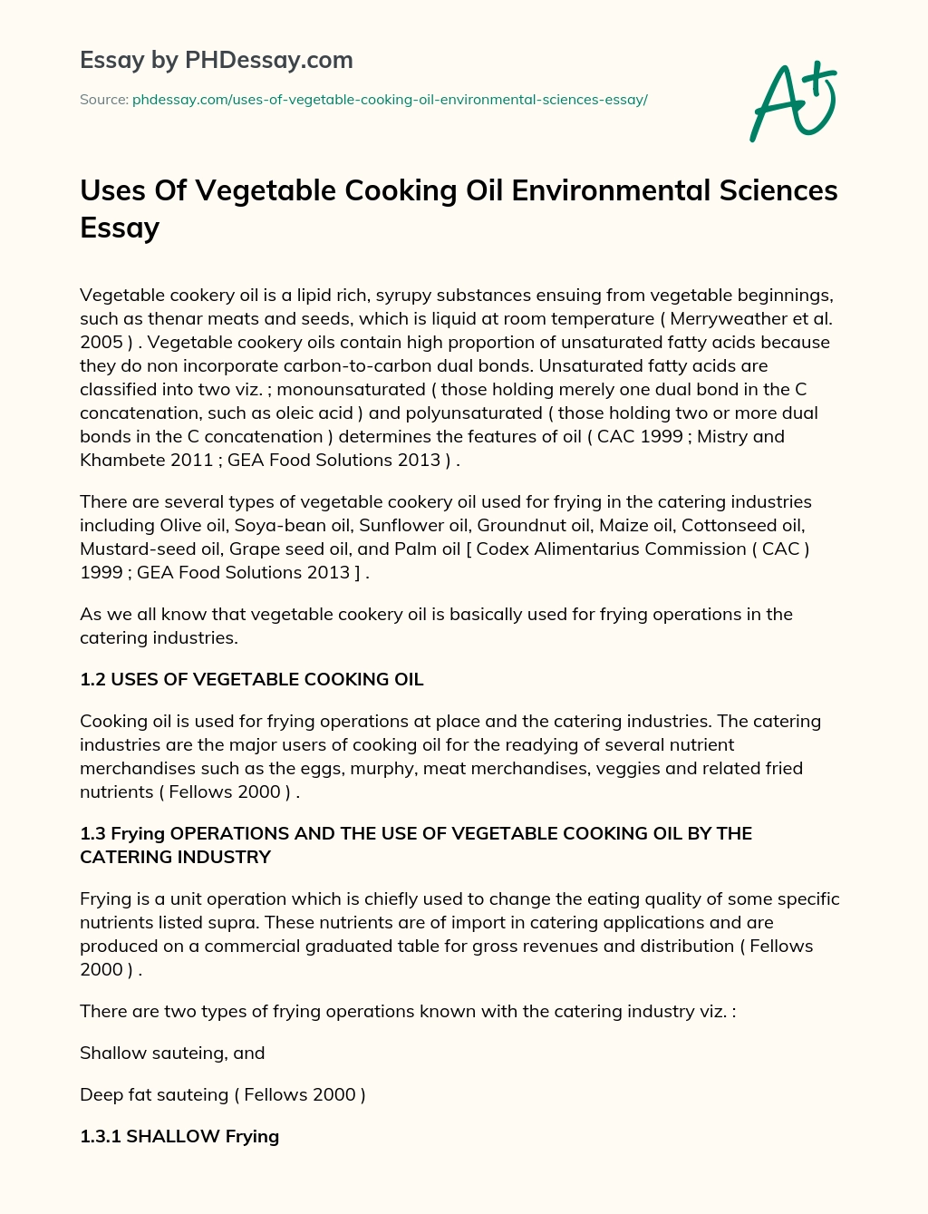 Uses Of Vegetable Cooking Oil Environmental Sciences Essay essay