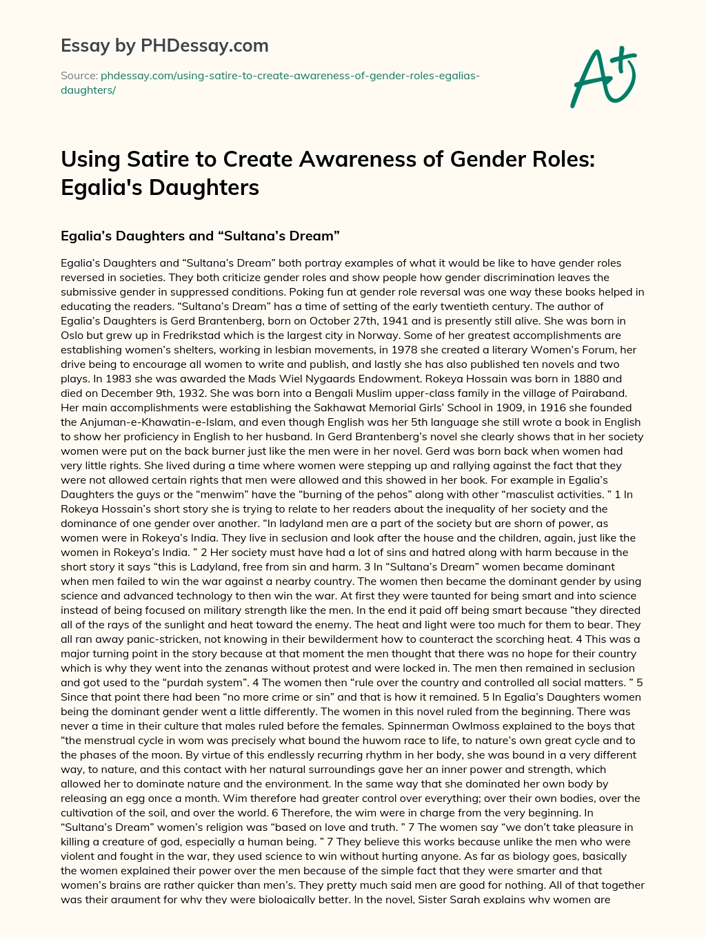 Using Satire to Create Awareness of Gender Roles: Egalia’s Daughters essay