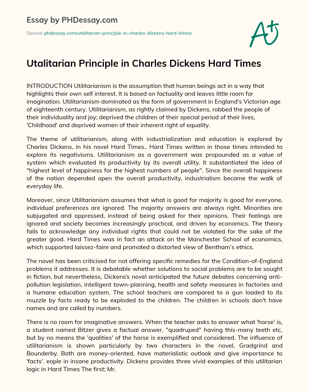 Utalitarian Principle in Charles Dickens Hard Times essay