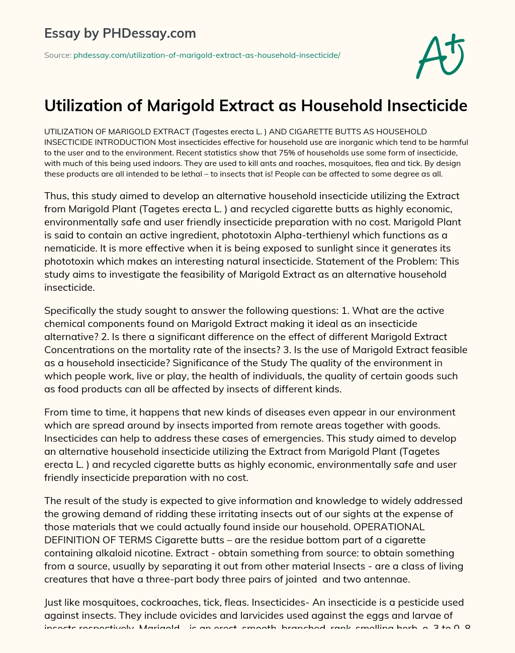Utilization of Marigold Extract as Household Insecticide essay