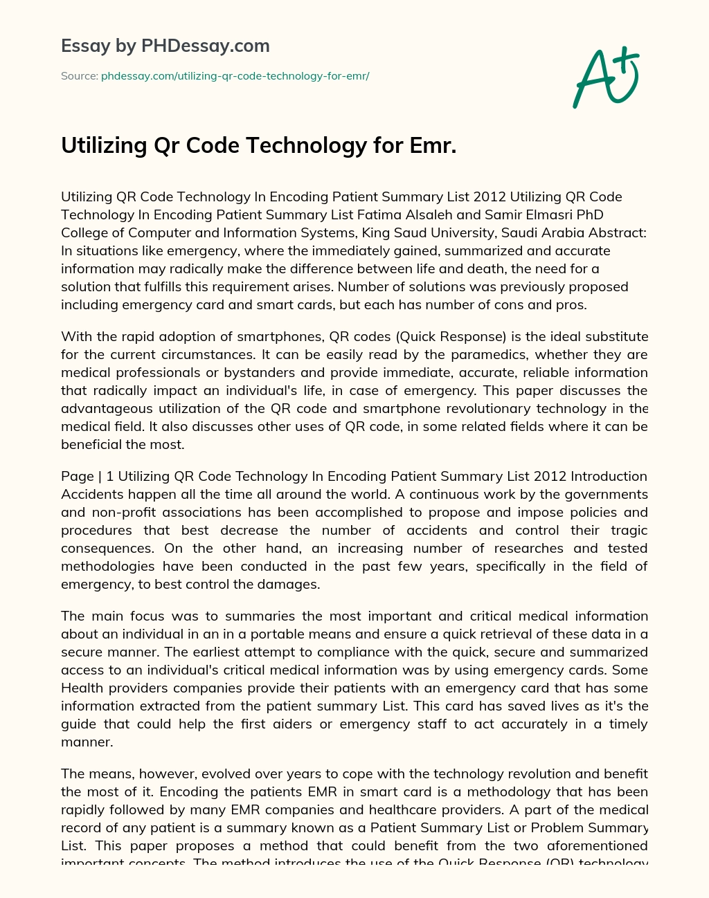 Utilizing Qr Code Technology for Emr. essay