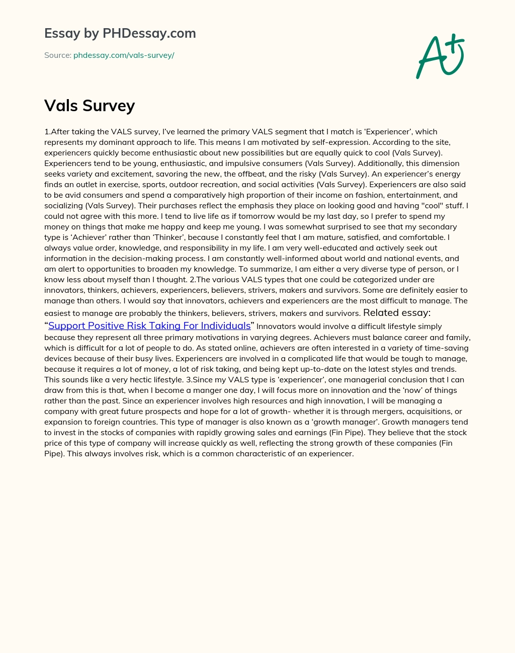Experiencer VALS Segment: Young, Impulsive Consumers Who Seek Variety and Excitement essay