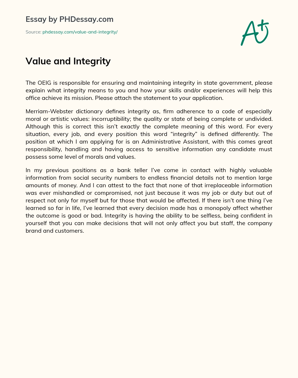 Value and Integrity essay