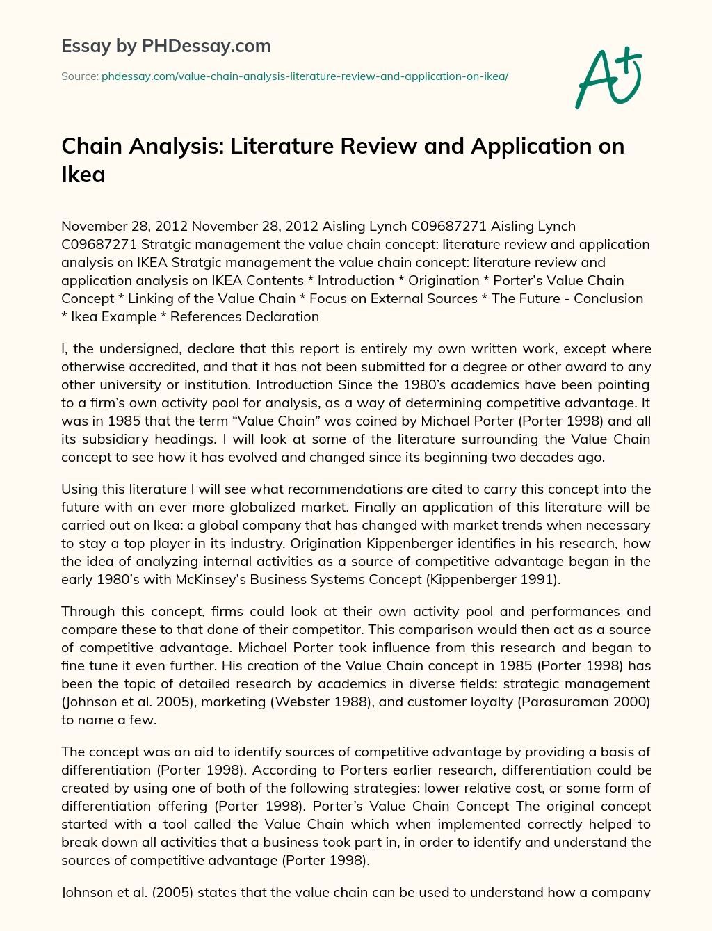 Chain Analysis: Literature Review and Application on Ikea essay