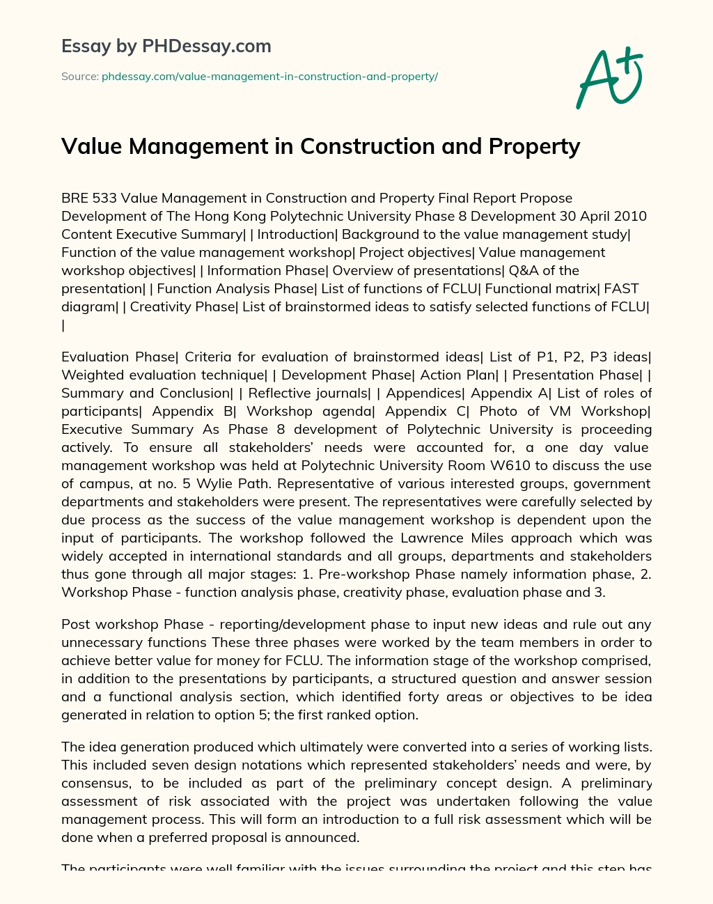 Value Management in Construction and Property essay