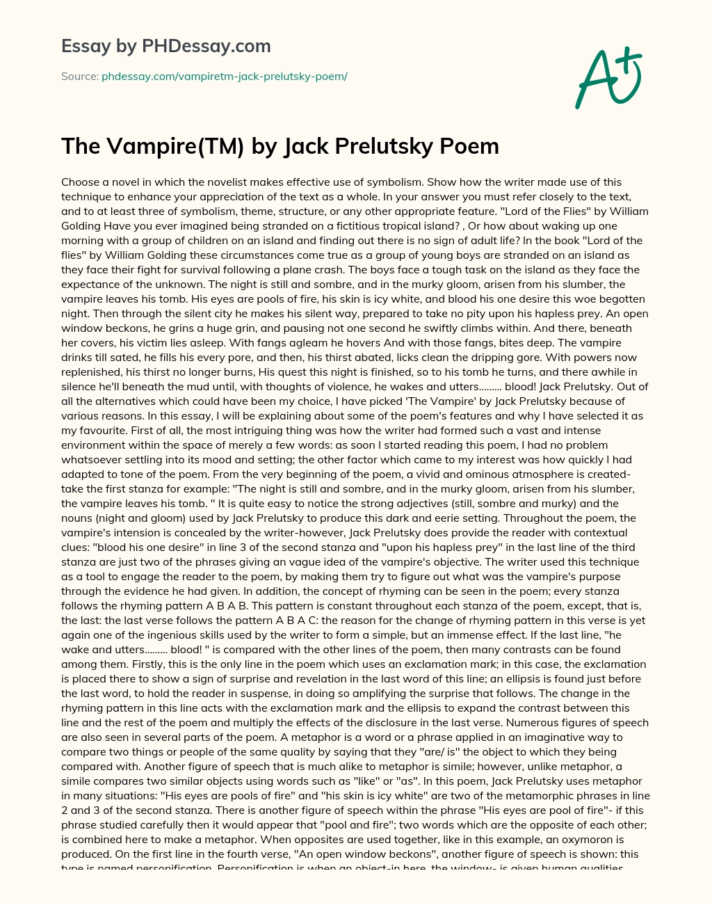The Vampire(TM) by Jack Prelutsky Poem essay