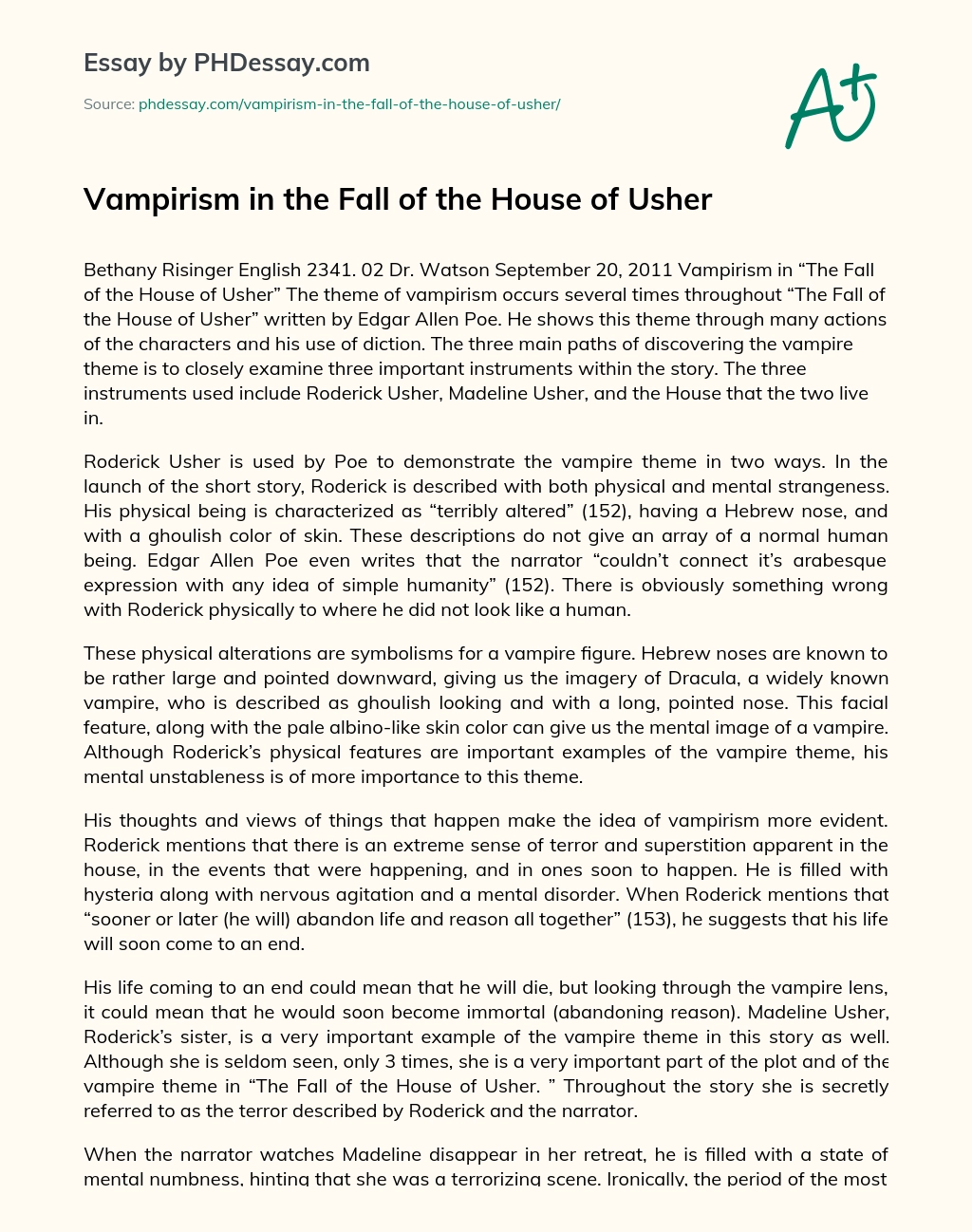 Vampirism in the Fall of the House of Usher essay