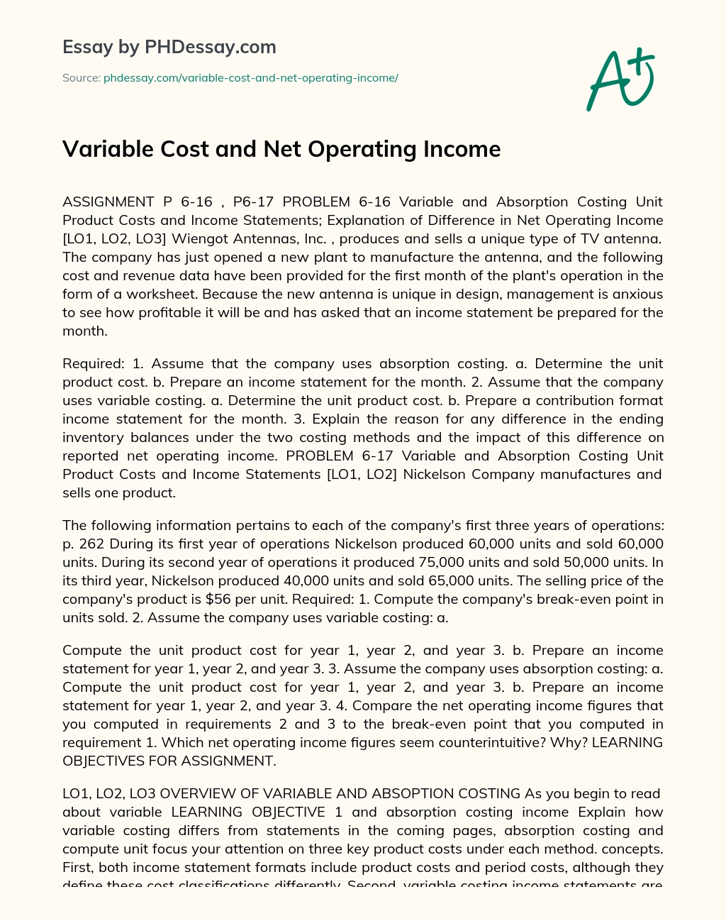 Variable Cost and Net Operating Income essay