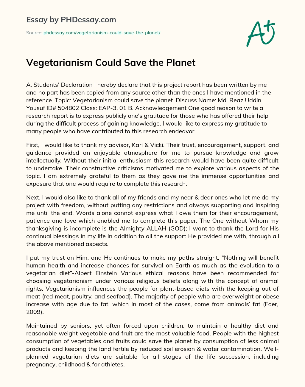 Vegetarianism Could Save the Planet essay