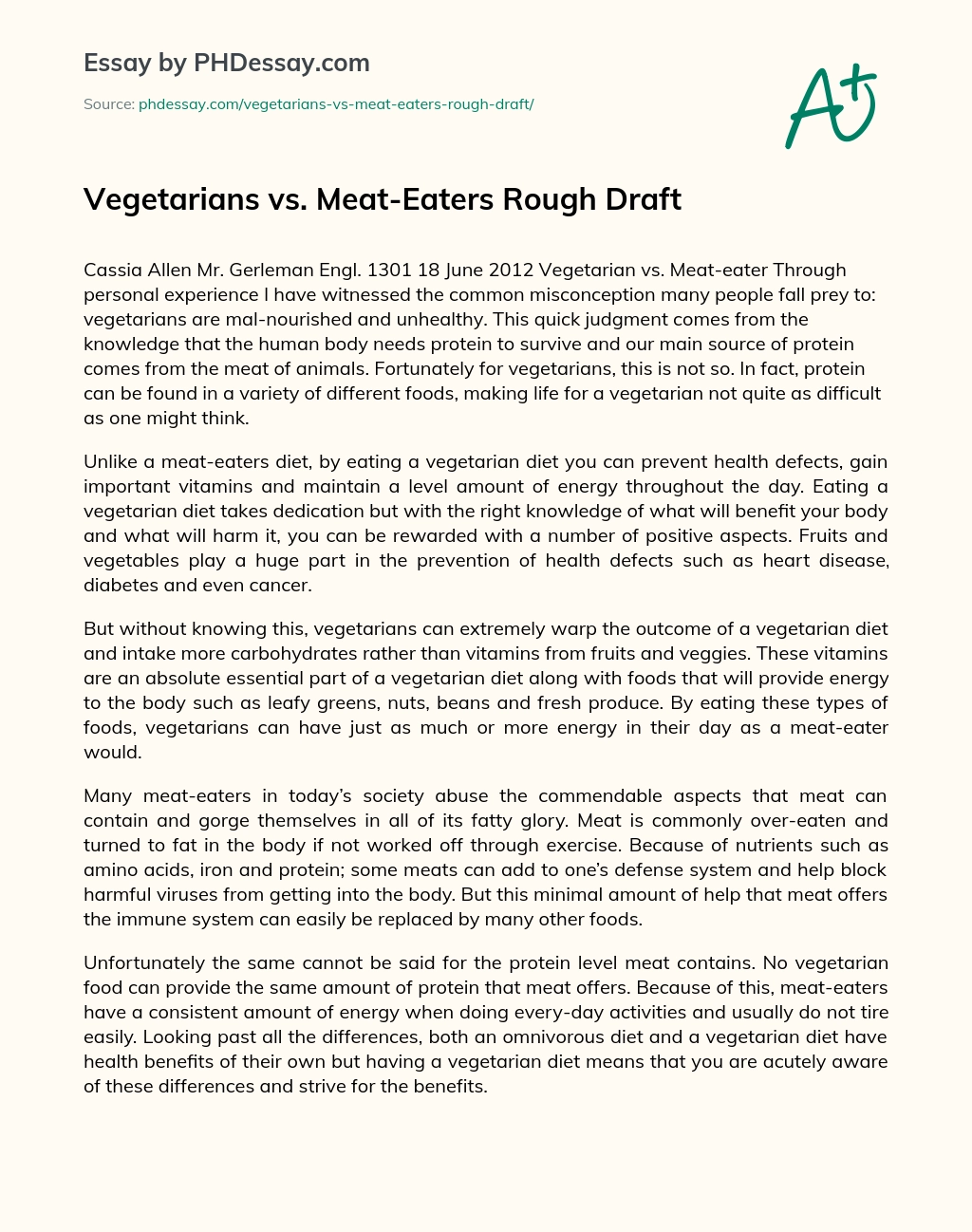 Vegetarians vs. Meat-Eaters Rough Draft essay
