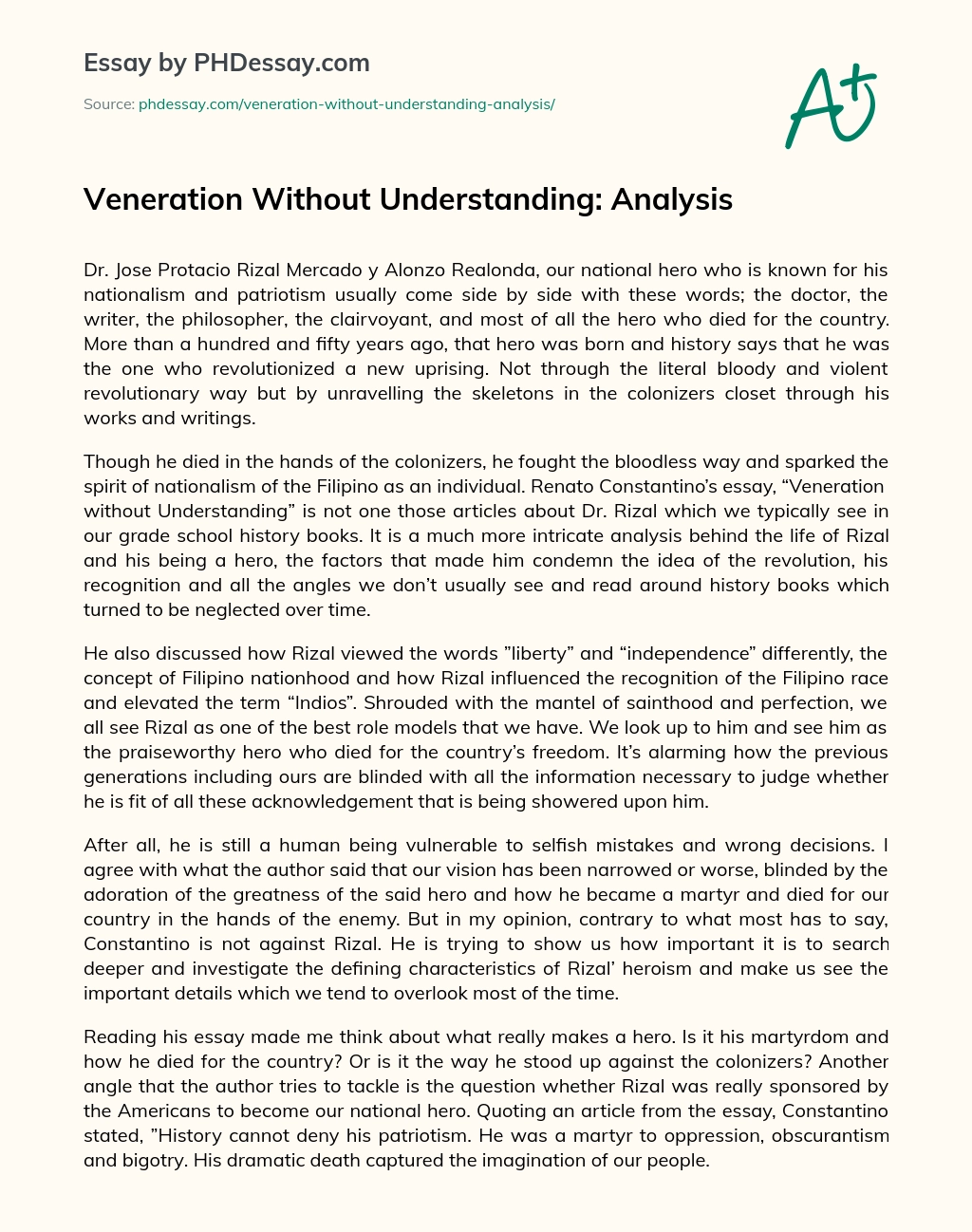 Veneration Without Understanding: Analysis essay