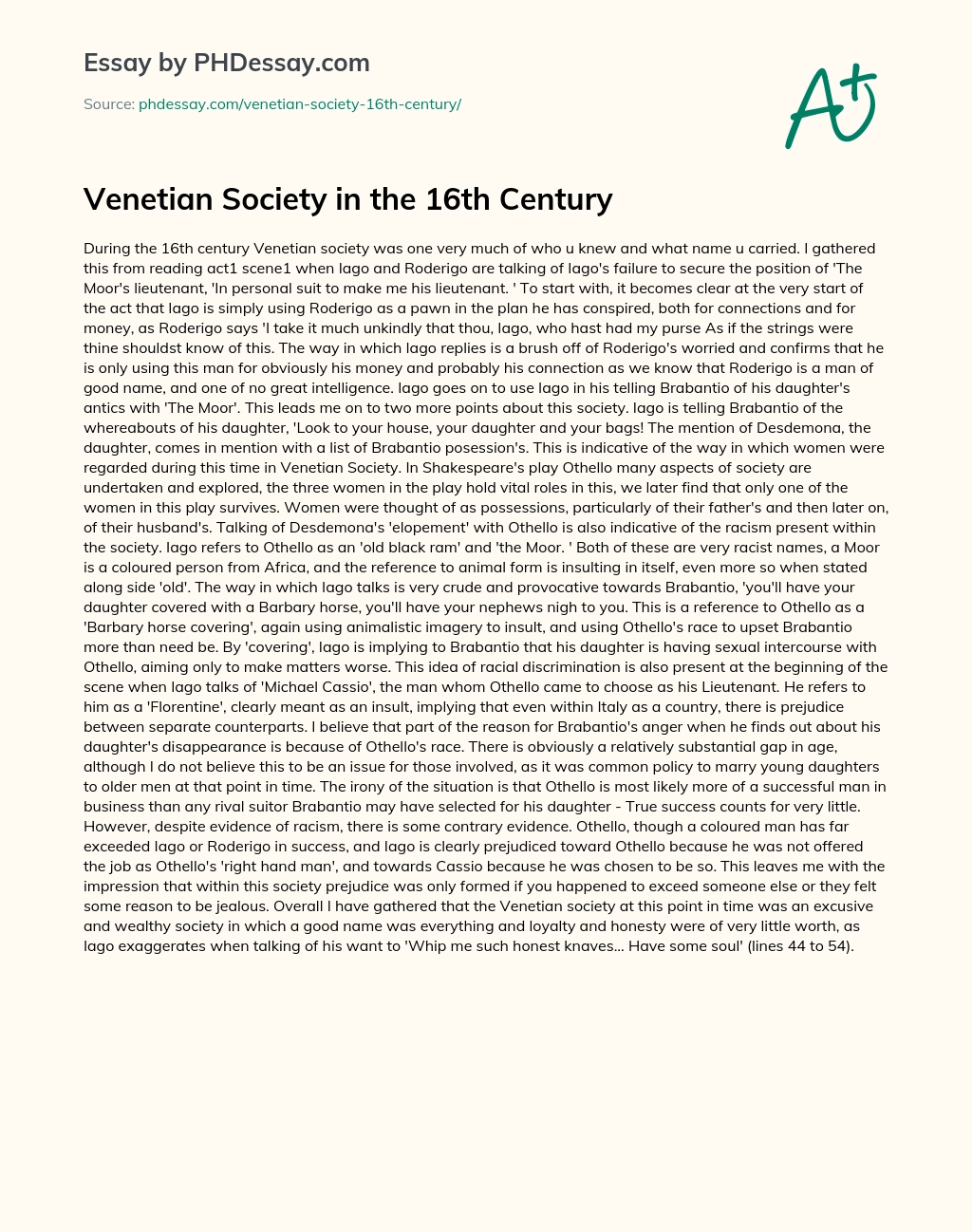Venetian Society in the 16th Century essay