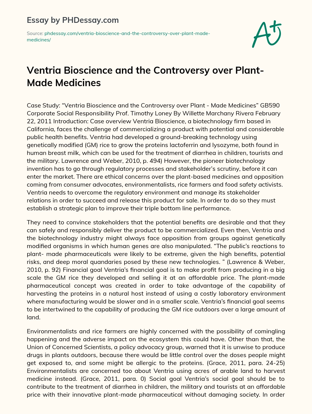 Ventria Bioscience and the Controversy over Plant-Made Medicines essay