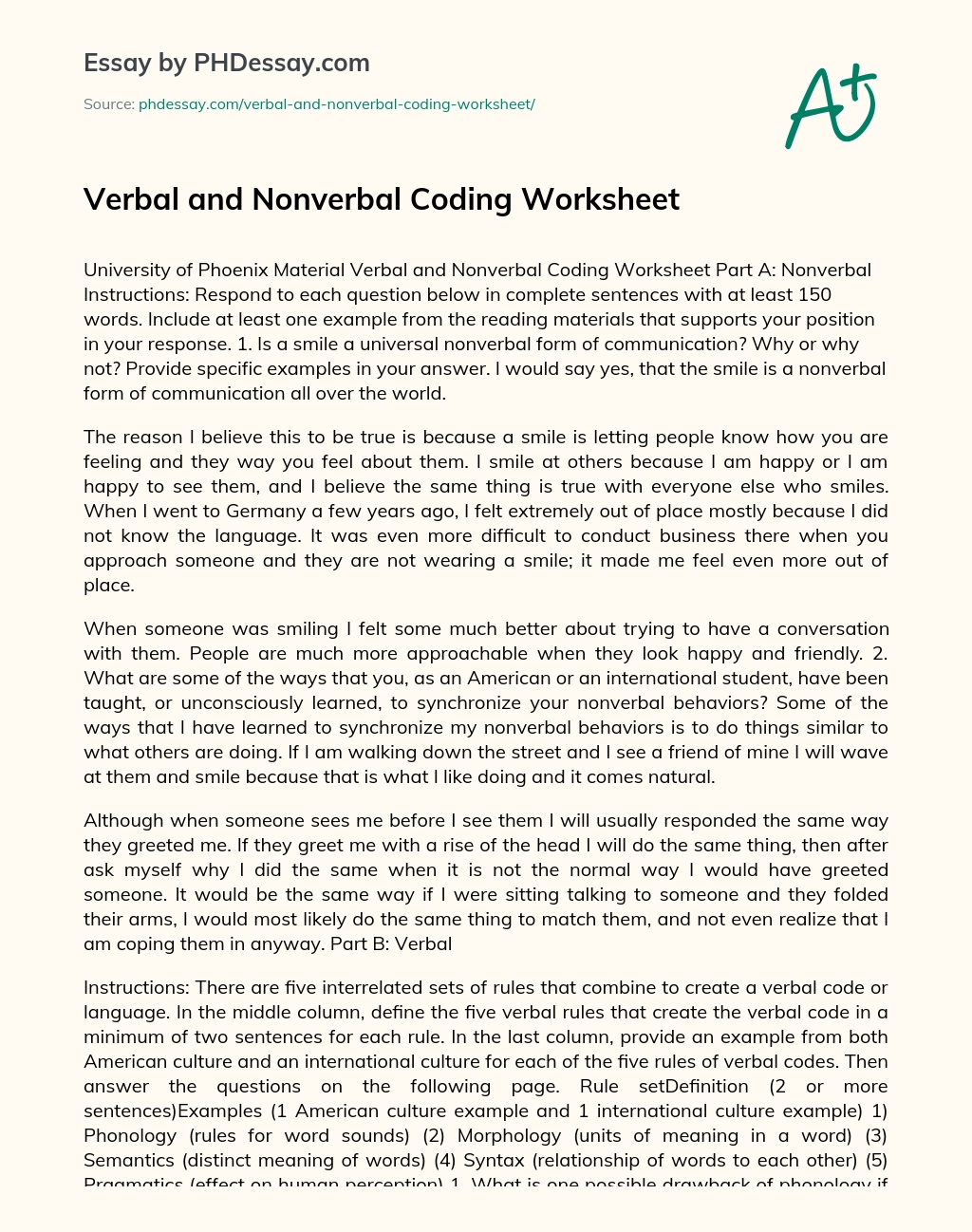 Verbal and Nonverbal Coding Worksheet essay