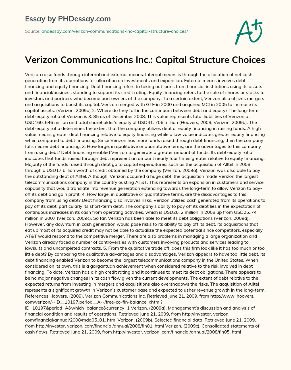 Verizon Communications Inc.: Capital Structure Choices essay