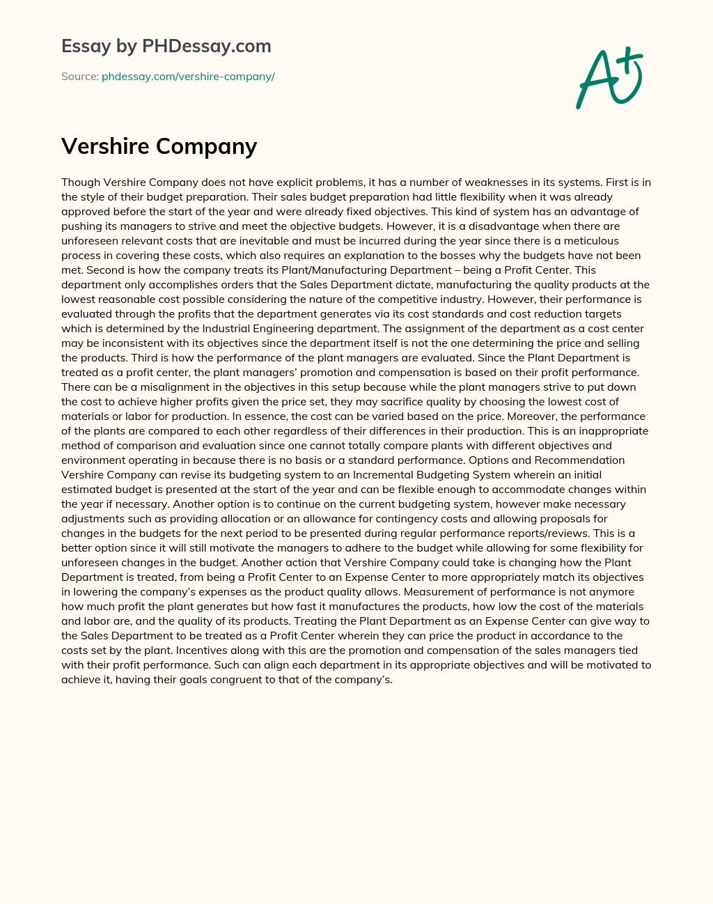 Vershire Company essay