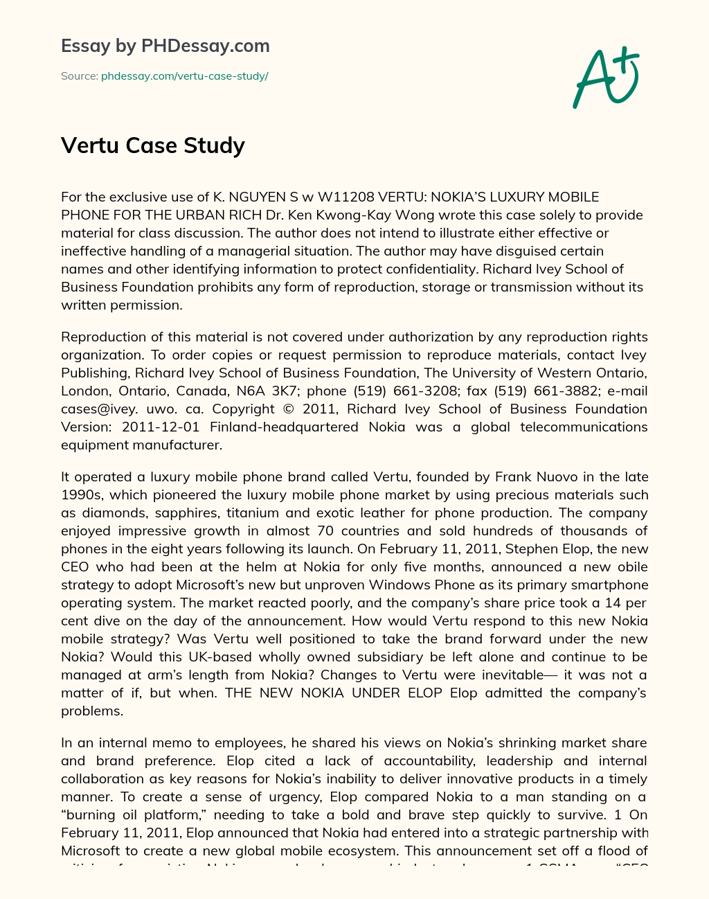 Vertu Case Study essay