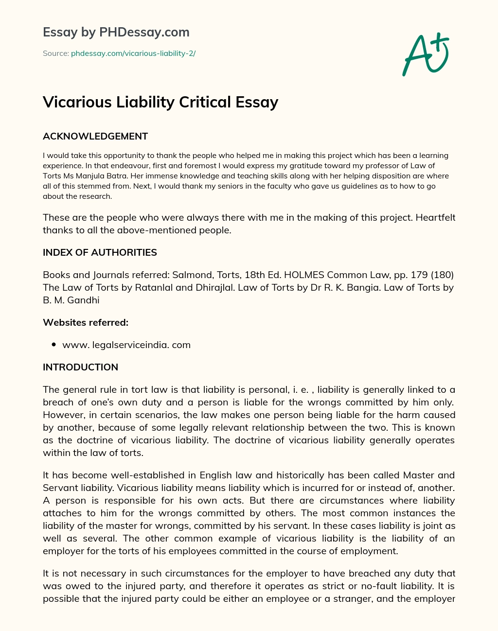 Vicarious Liability Critical Essay essay