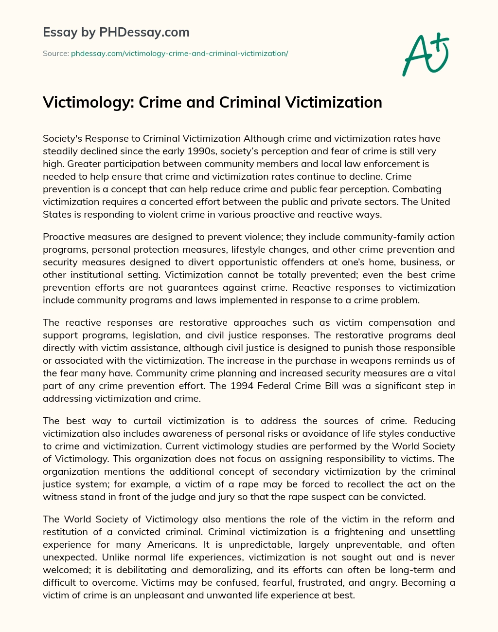 Victimology: Crime and Criminal Victimization essay