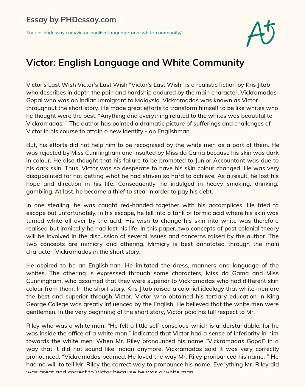 Victor: English Language and White Community essay