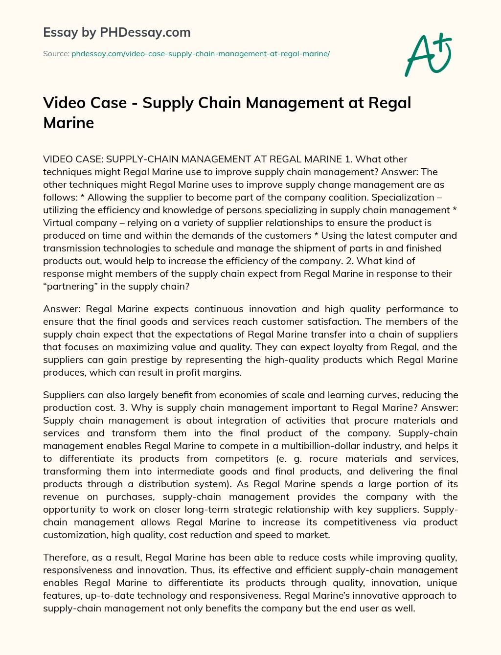 Video Case – Supply Chain Management at Regal Marine essay