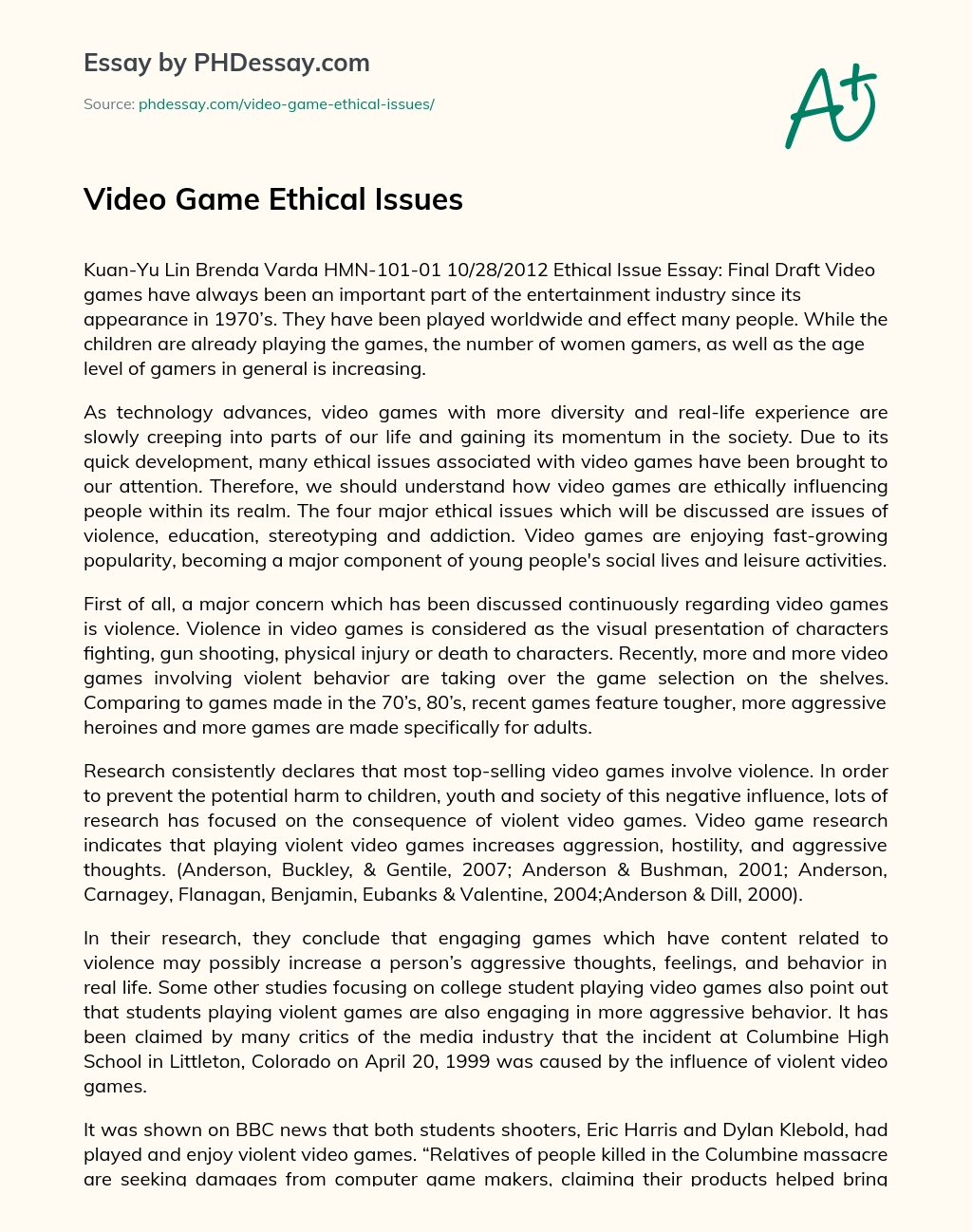 Video Game Ethical Issues essay