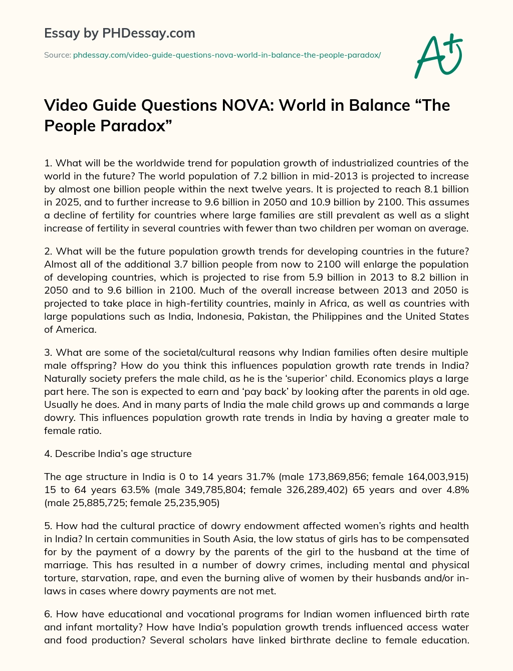 ﻿Video Guide Questions NOVA: World in Balance “The People Paradox” essay