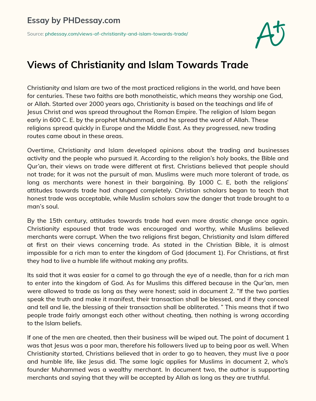 Views of Christianity and Islam Towards Trade essay