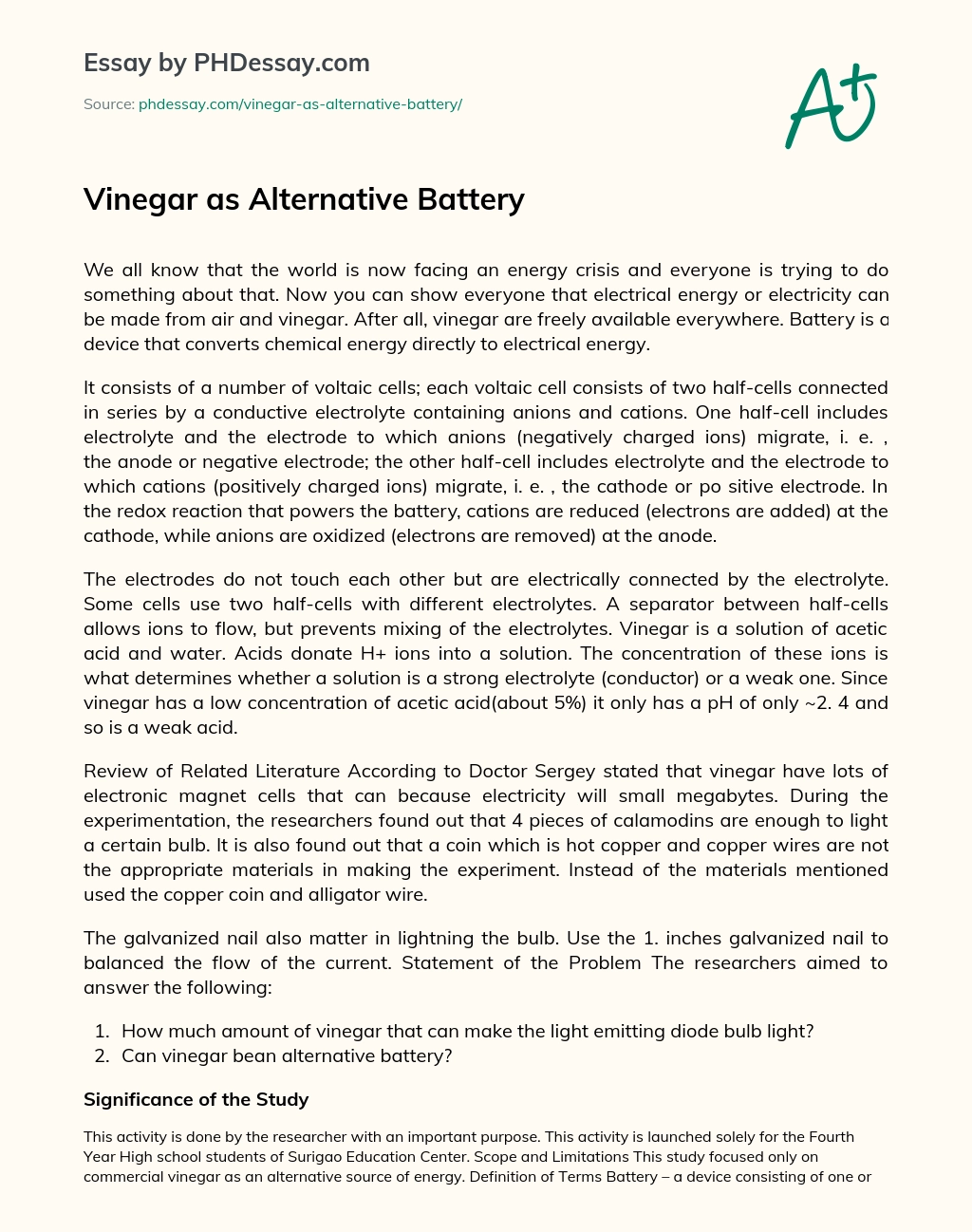 Vinegar as Alternative Battery essay