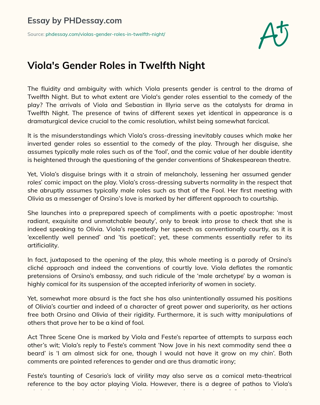 Viola’s Gender Roles in Twelfth Night essay