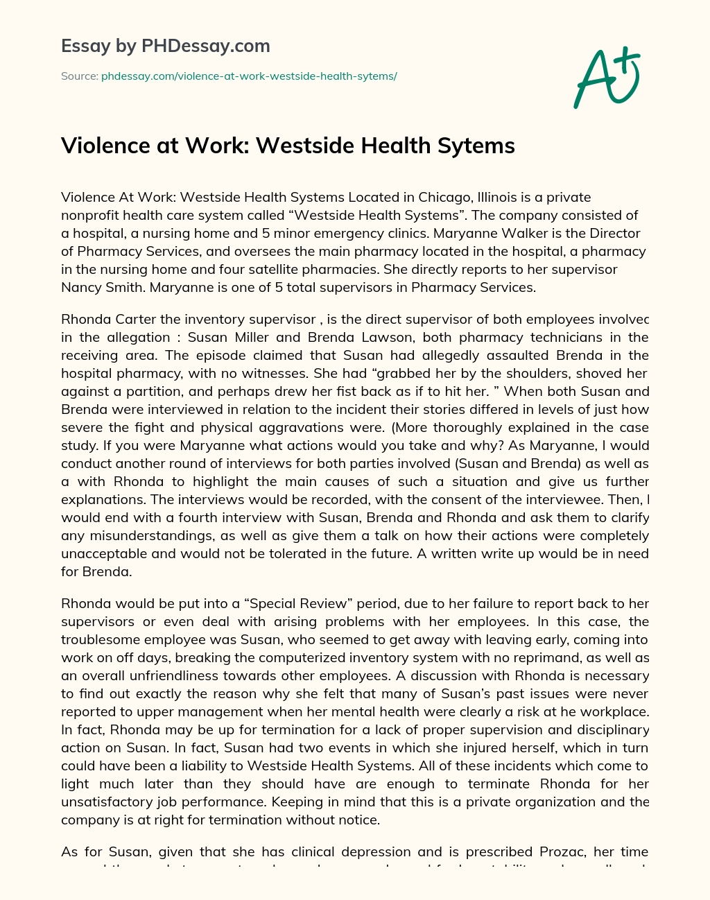 Violence at Work: Westside Health Sytems essay