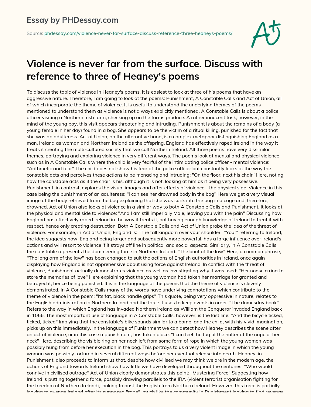 Violence is never far from the surface. Discuss with reference to three of Heaney’s poems essay