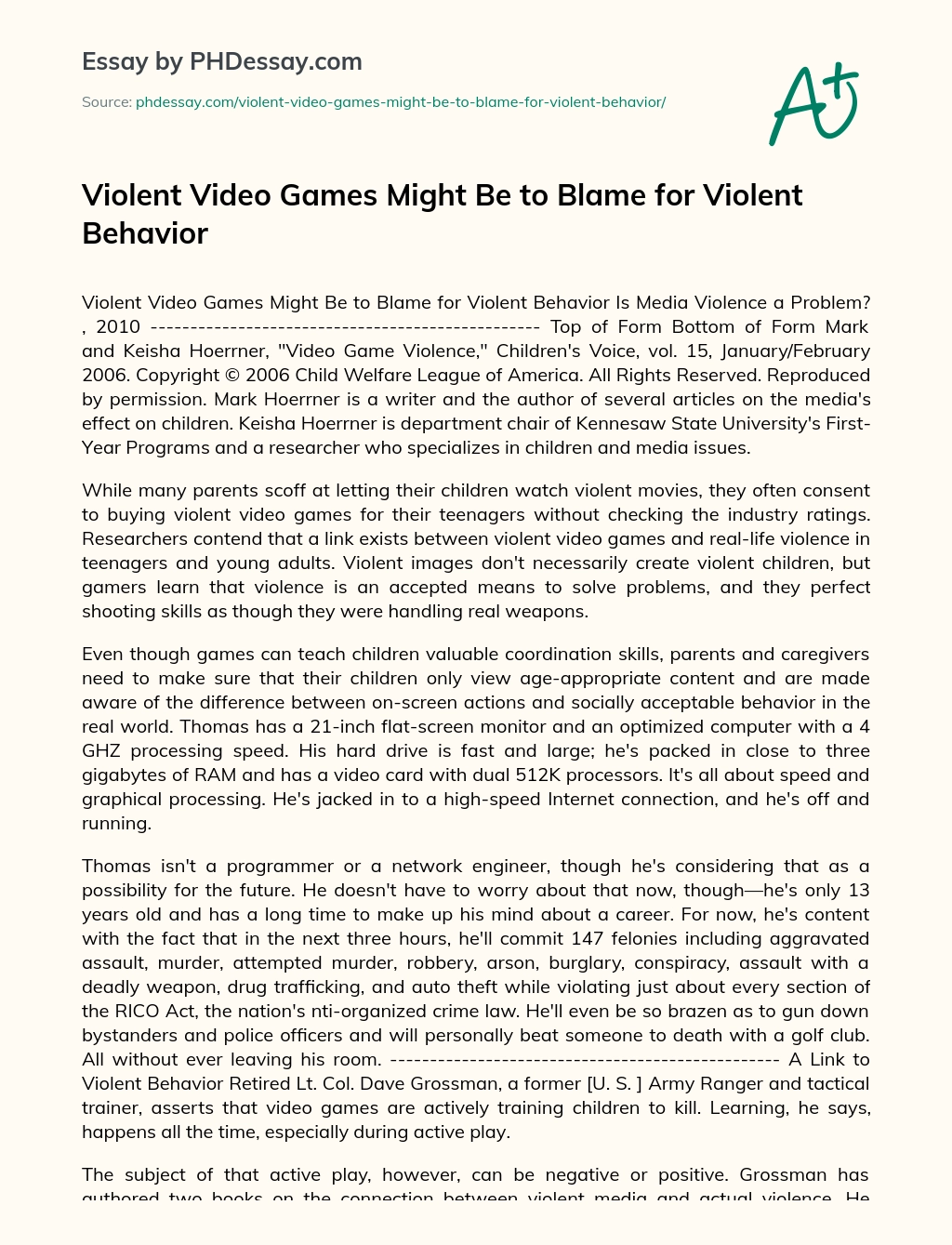 Violent Video Games Might Be to Blame for Violent Behavior essay