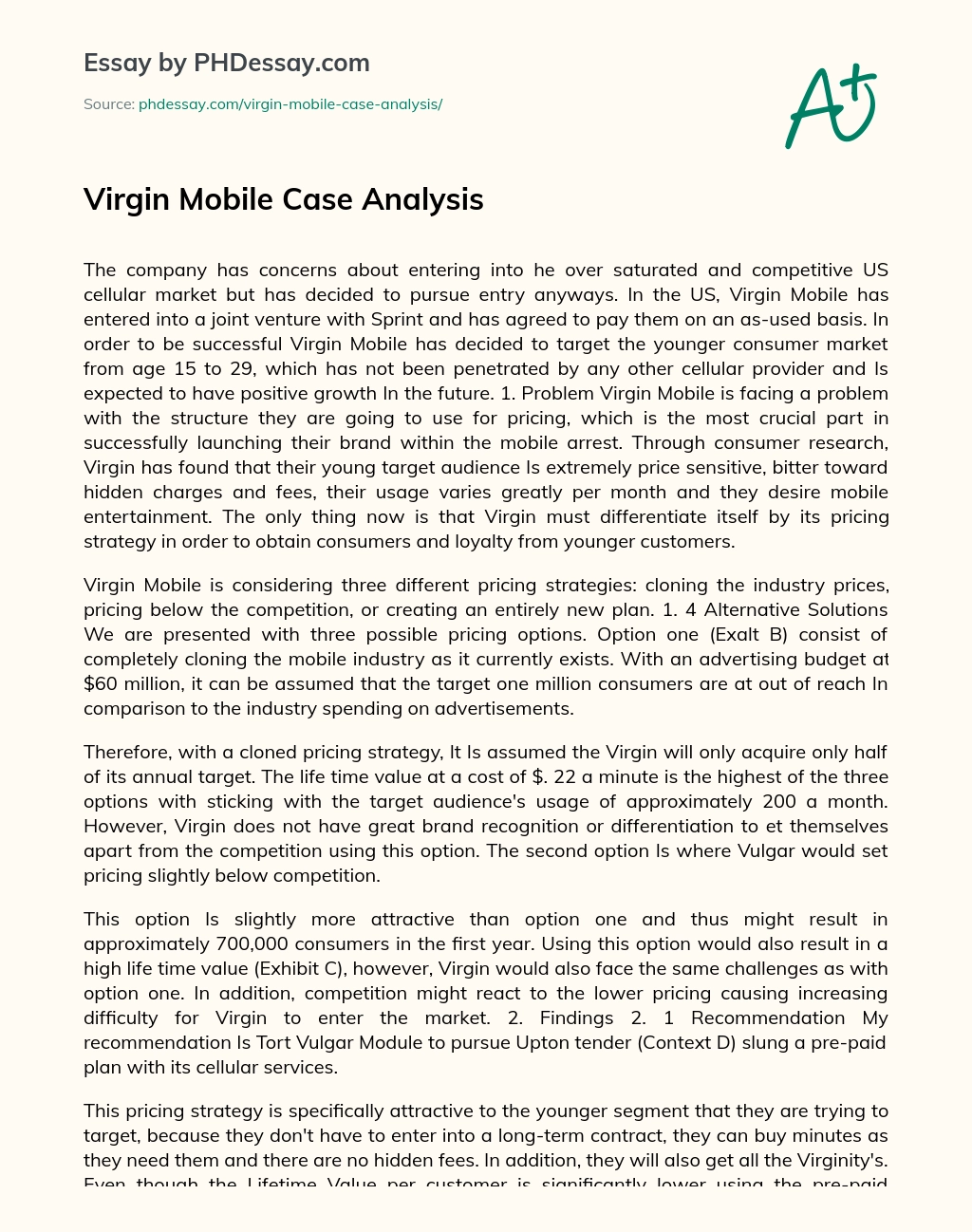 Virgin Mobile Case Analysis essay