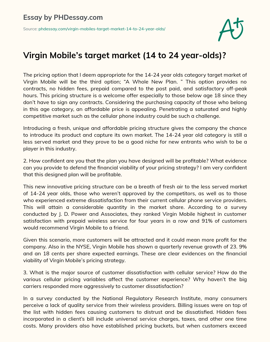 Virgin Mobile’s target market (14 to 24 year-olds)? essay